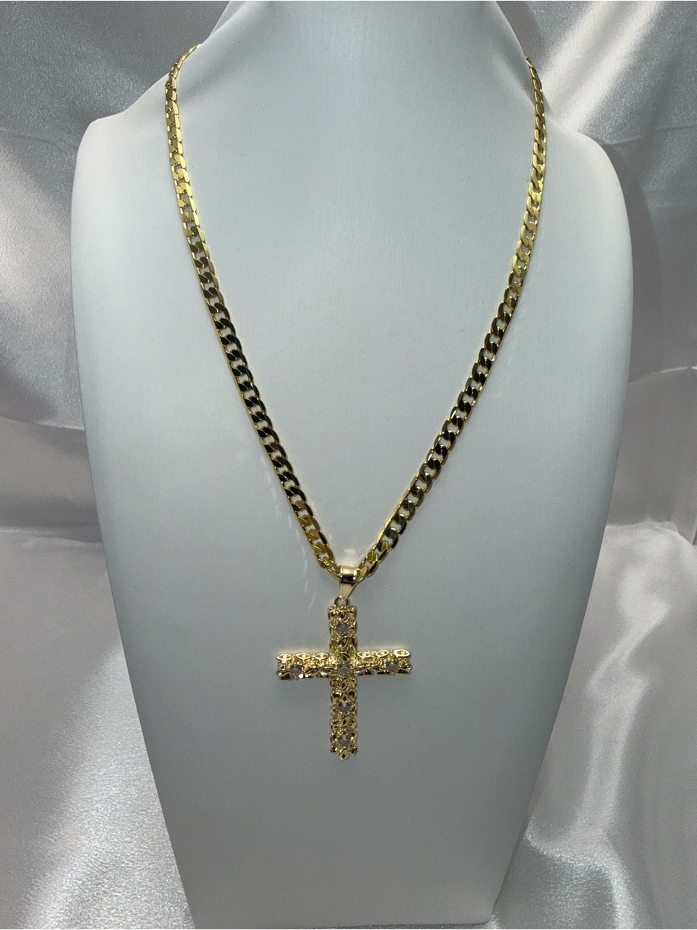 20 Inch 18K Gold Dipped Cuban Link Gold Nugget Cross Necklace AAACZ